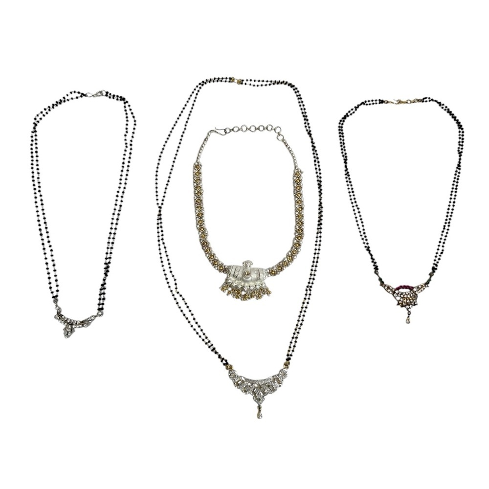 Dainty Silver & Gold Tone Black Seed Beaded Mangalsutra Rhinestone Necklaces